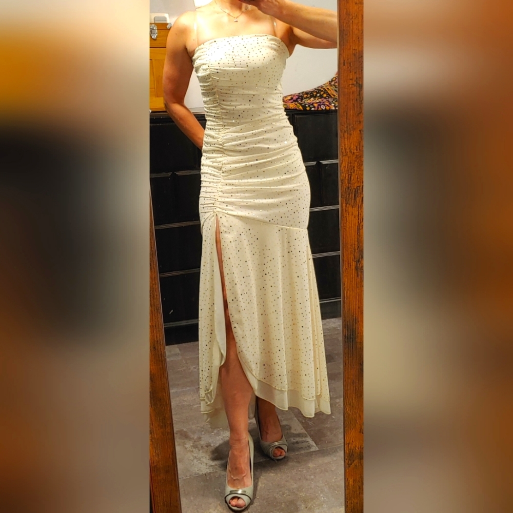 My Michelle, Strapless Cream and Gold sparkling party gown